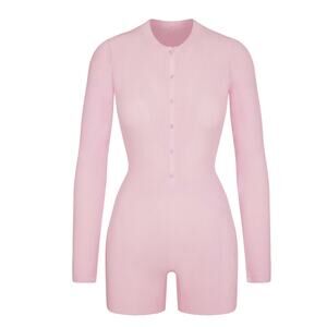 NWT Skims Waffle Button Up Henley Onesie Cherry Blossom Pink Size XS Extra Small